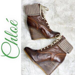 CHLOE Brown Leather Lace Up Wedge Sock Bootie, Size 40 (US10)